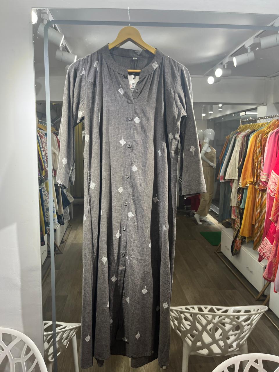 Grey printed cotton fabric A-Line Kurta