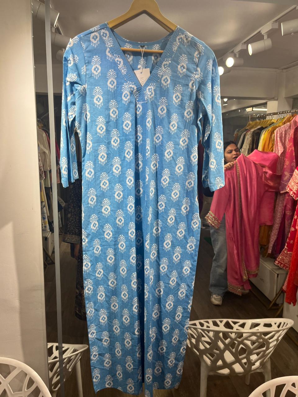 Blue block print V neck Straight Kurta (S-36)