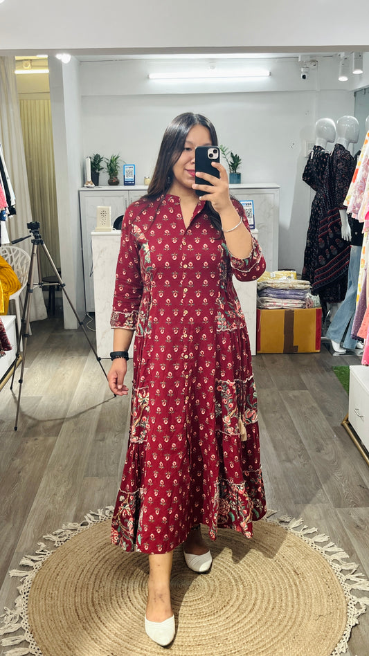 Women Maroon Printed Cotton Anarkali Dress with pockets (Set of 1)