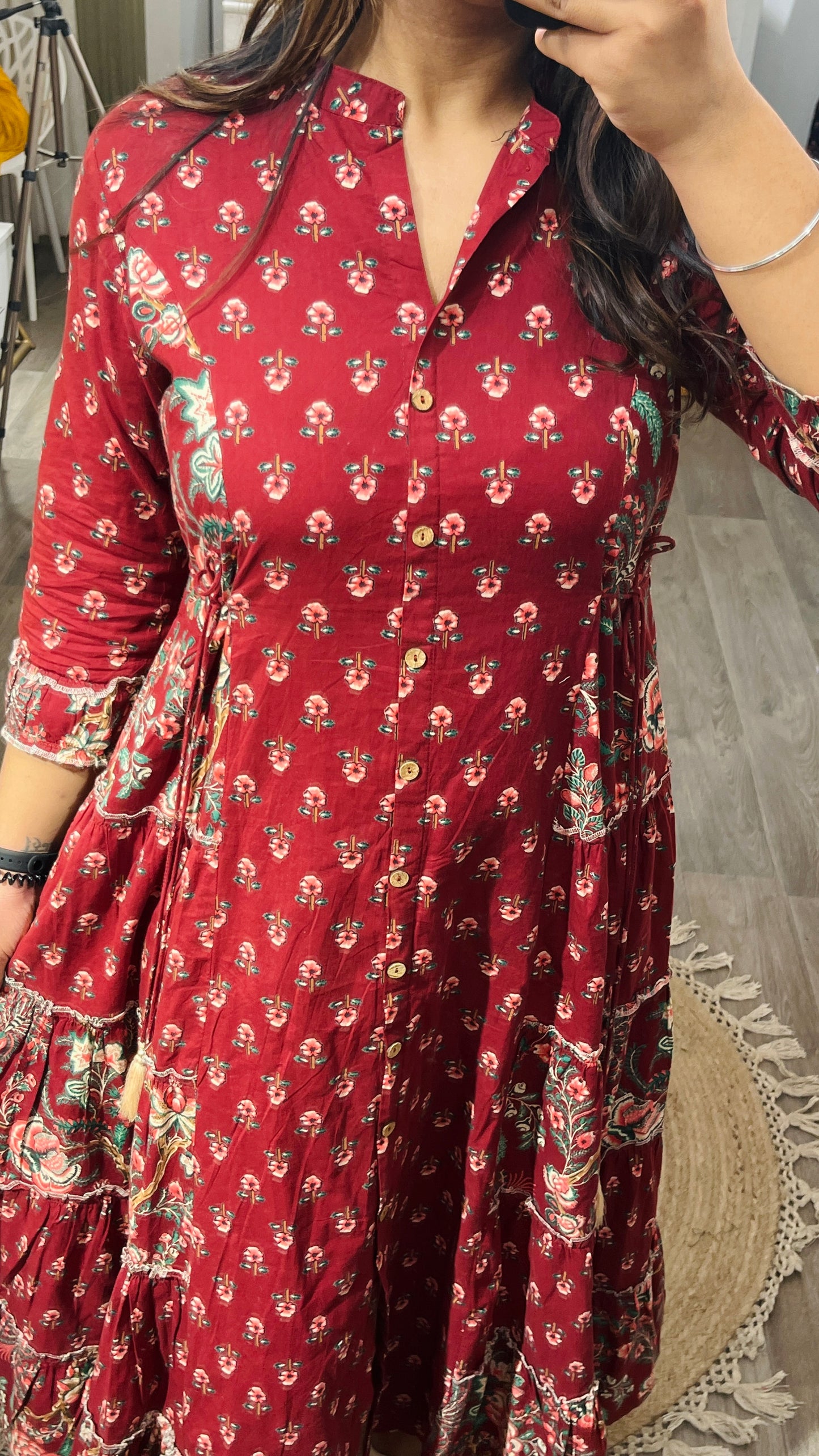 Women Maroon Printed Cotton Anarkali Dress with pockets (Set of 1)