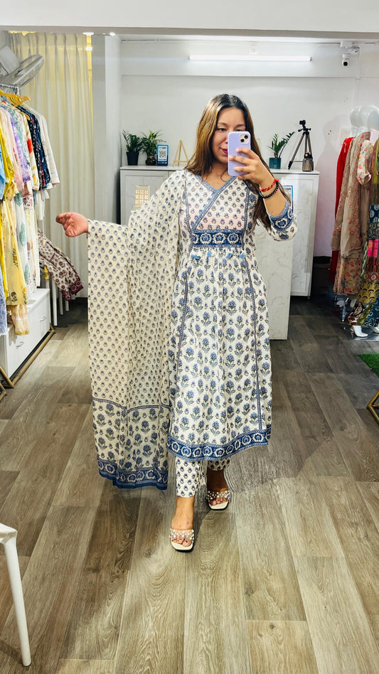 Beautiful off-white cotton printed anarkali suit set with embroidery & lace work