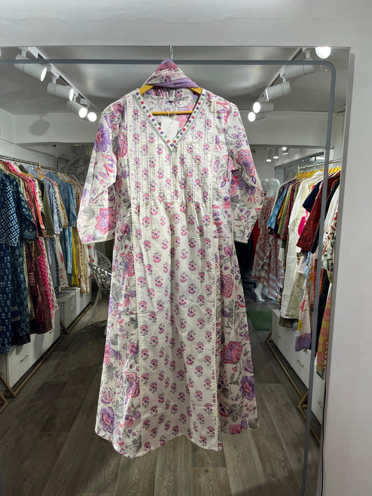 Off-White Cotton Floral Gathered Suit Set