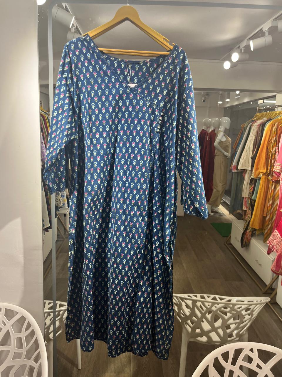 Indigo Straight Anghrakha Style Cotton Fabric Regular Fit Plus Size Women's Kurta (5XL)