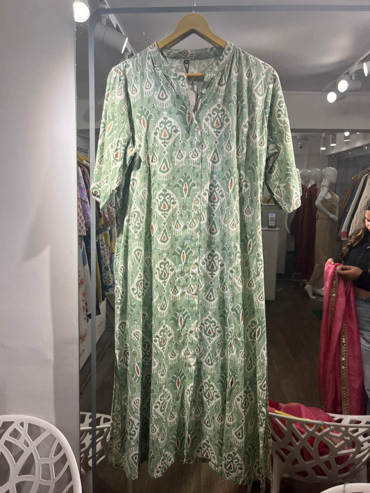 Green printed cotton fabric A-Line Kurta (XL-42)