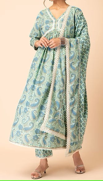 Pastel Green Jaal Print Cotton A-Line Kurta With Printed Pants And Dupatta (Set of 3)