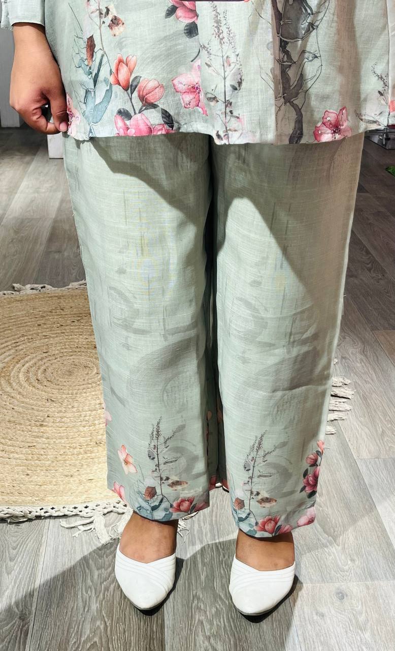 Pistachio green Floral – pure linen Coord set (Set of 2)