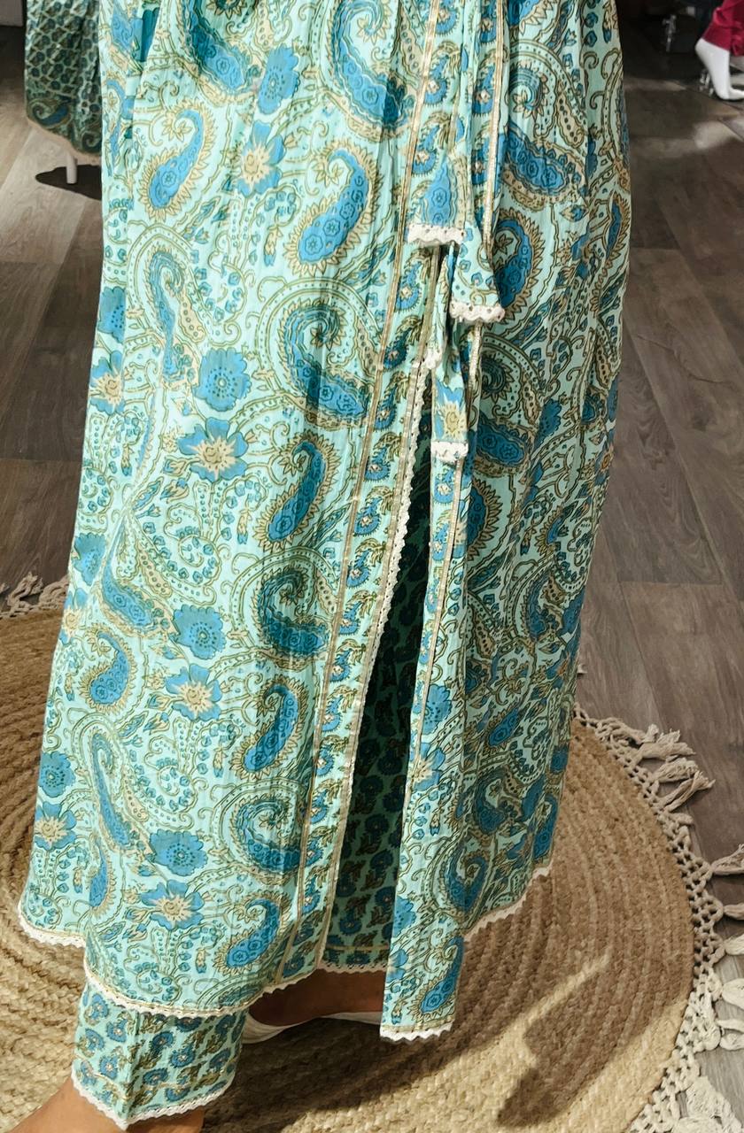 Pastel Green Jaal Print Cotton A-Line Kurta With Printed Pants And Dupatta (Set of 3)