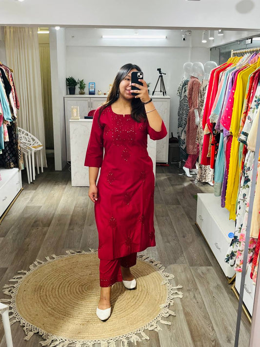 Women Embroidered Red Straight Kurta with Pant (Set of 2)